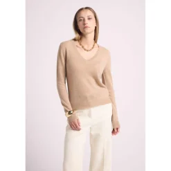 Pull femme col V ZEFINA en cachemire new beige creme