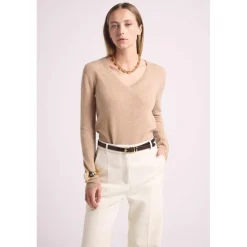 Pull femme col V ZEFINA en cachemire new beige creme