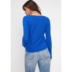 Pull femme col V ZEFINA en cachemire bleu flashy