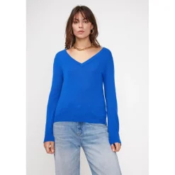 Pull femme col V ZEFINA en cachemire bleu flashy
