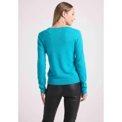 Pull femme col V ZEFINA en cachemire bleu turquoise