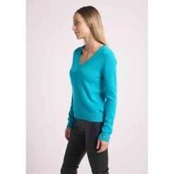 Pull femme col V ZEFINA en cachemire bleu turquoise