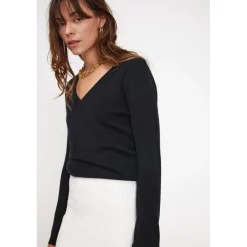 Pull femme col V ZEFINA en cachemire noir