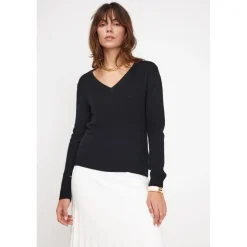 Pull femme col V ZEFINA en cachemire noir