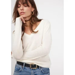 Pull femme col V ZEFINA en cachemire ecru