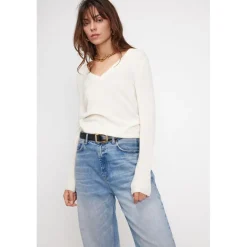 Pull femme col V ZEFINA en cachemire ecru