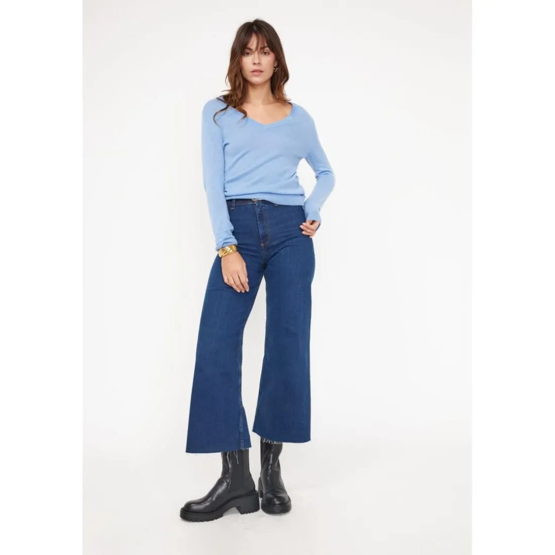 Pull femme col V ZEFINA en cachemire bleu ciel