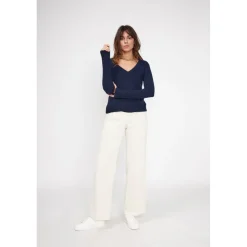 Pull femme col V ZEFINA en cachemire bleu marine