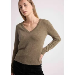 Pull femme col V ZEFINA en cachemire khaki kaki