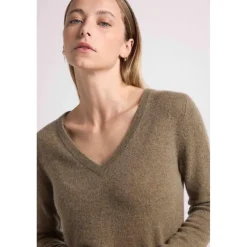 Pull femme col V ZEFINA en cachemire khaki kaki