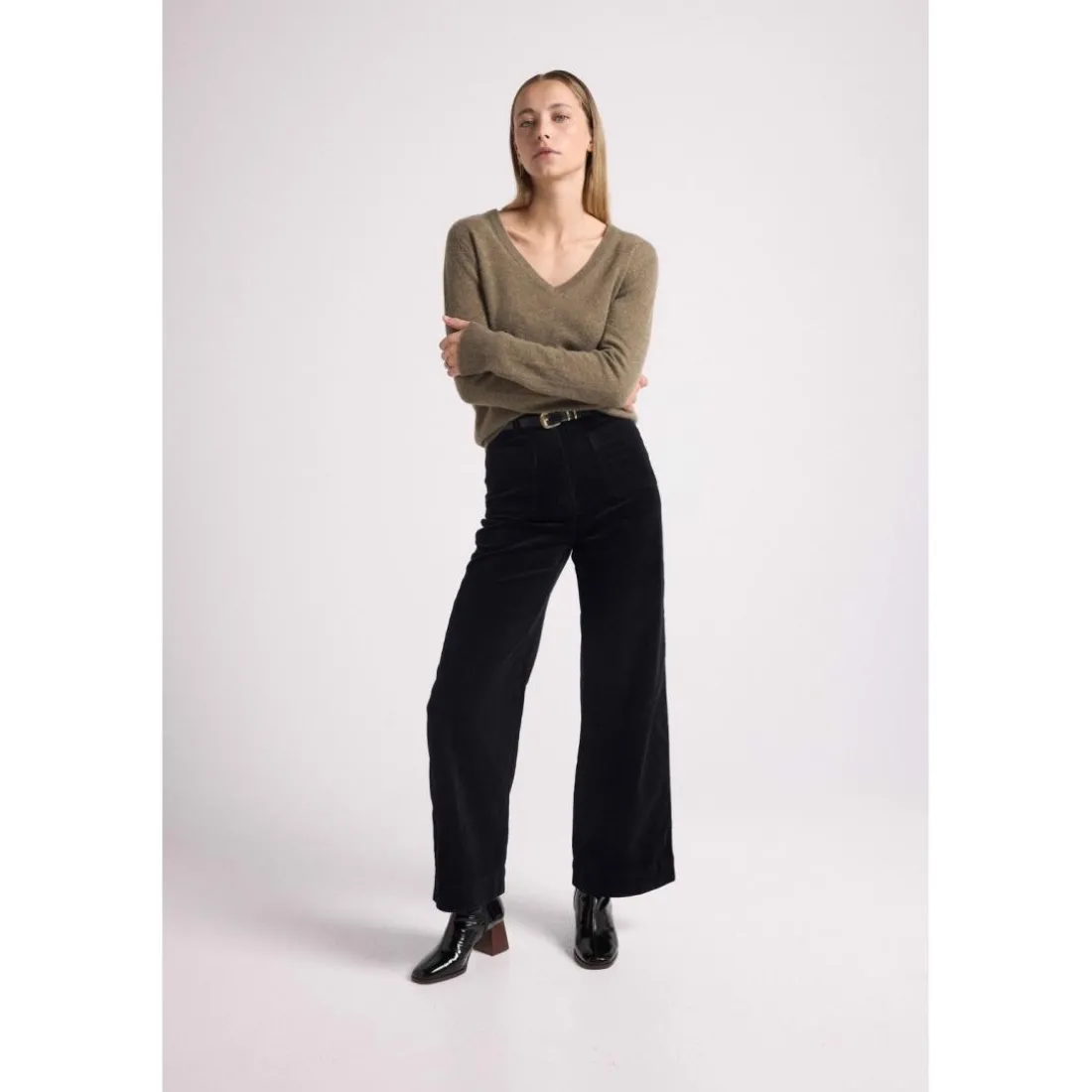 Pull femme col V ZEFINA en cachemire khaki kaki