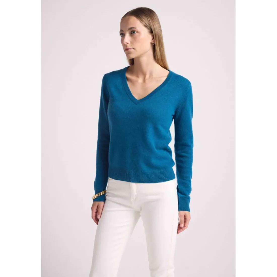 Pull femme col V ZEFINA en cachemire bleu peacock