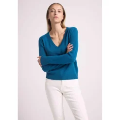 Pull femme col V ZEFINA en cachemire bleu peacock