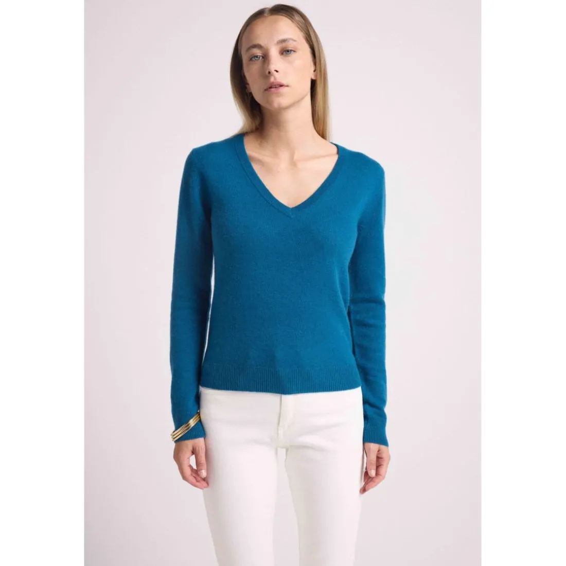 Pull femme col V ZEFINA en cachemire bleu peacock
