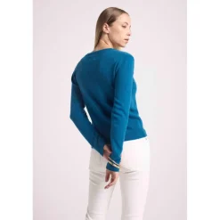 Pull femme col V ZEFINA en cachemire bleu peacock