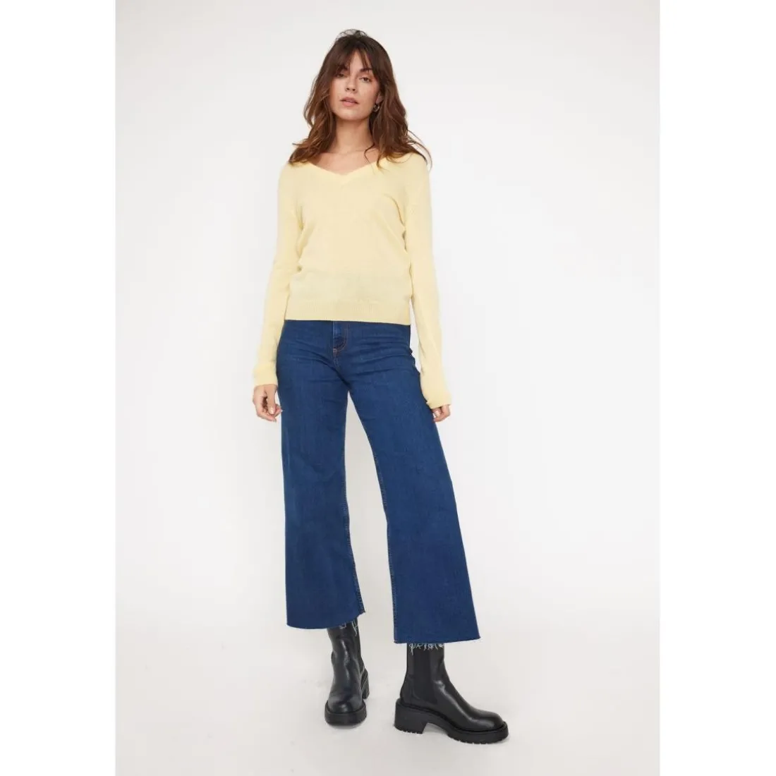 Pull femme col V ZEFINA en cachemire jaune