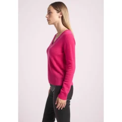 Pull femme col V ZEFINA en cachemire fuchsia