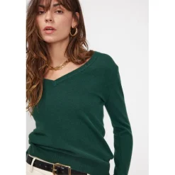 Pull femme col V ZEFINA en cachemire vert sapin