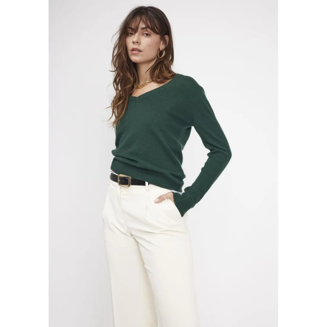 Pull femme col V ZEFINA en cachemire vert sapin