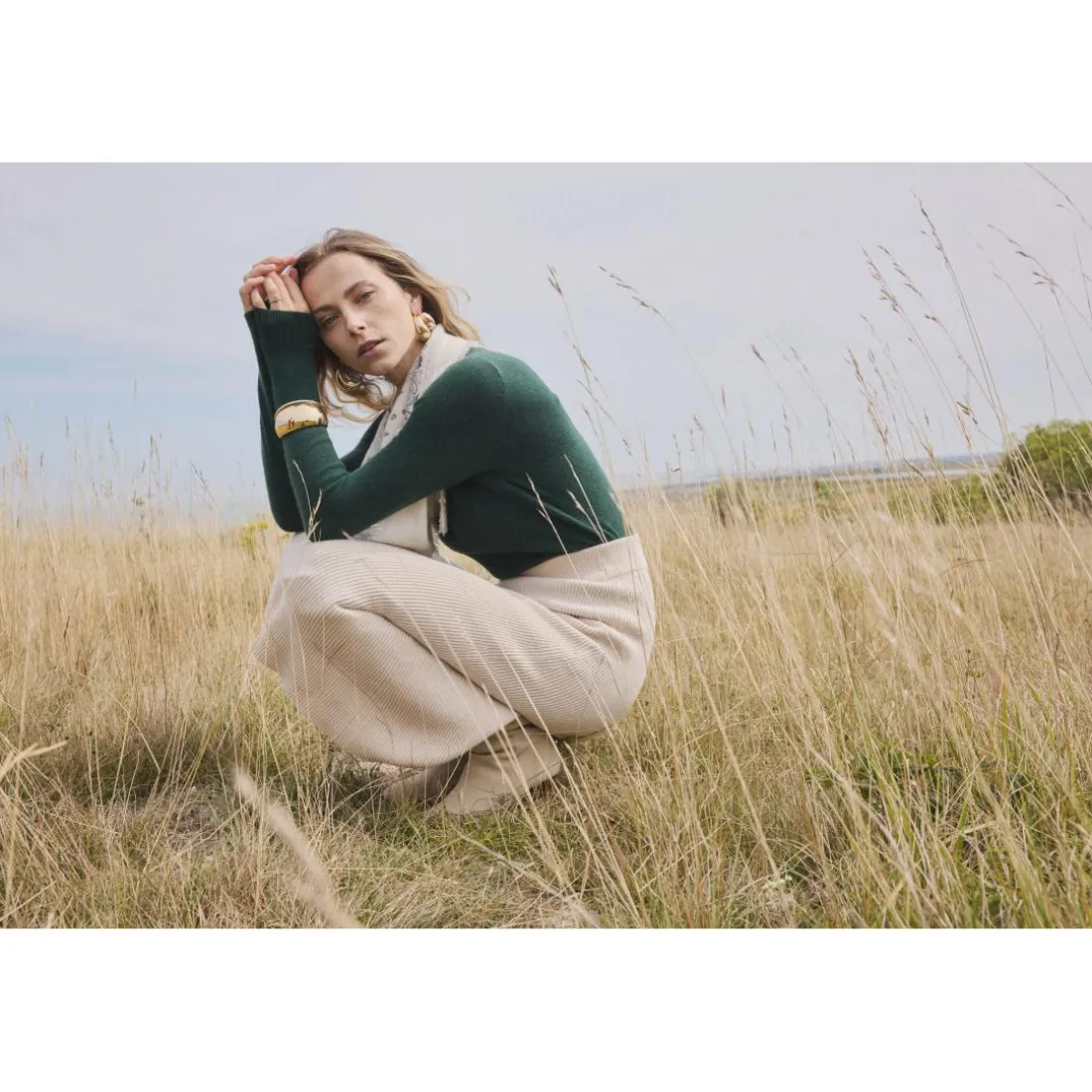 Pull femme col V ZEFINA en cachemire vert sapin