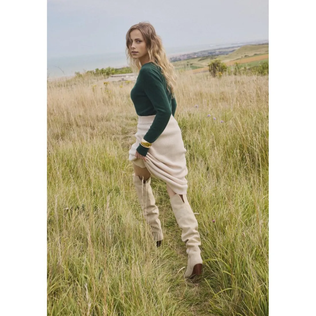 Pull femme col V ZEFINA en cachemire vert sapin