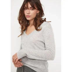 Pull femme col V ZEFINA en cachemire gris perle