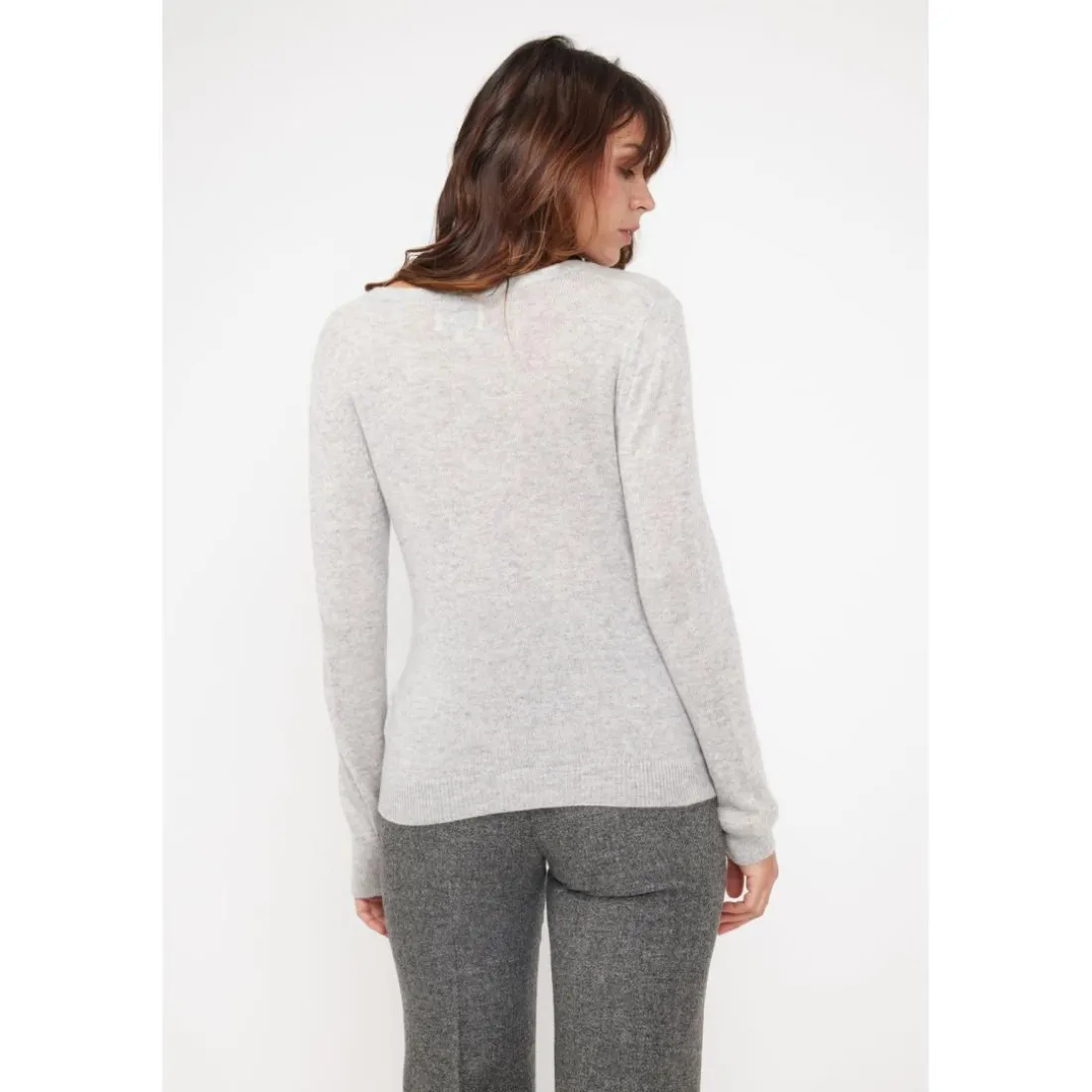 Pull femme col V ZEFINA en cachemire gris perle