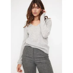 Pull femme col V ZEFINA en cachemire gris perle