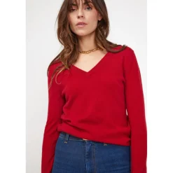 Pull femme col V ZEFINA en cachemire rouge