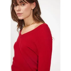 Pull femme col V ZEFINA en cachemire rouge