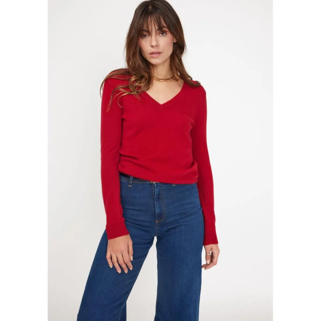 Pull femme col V ZEFINA en cachemire rouge