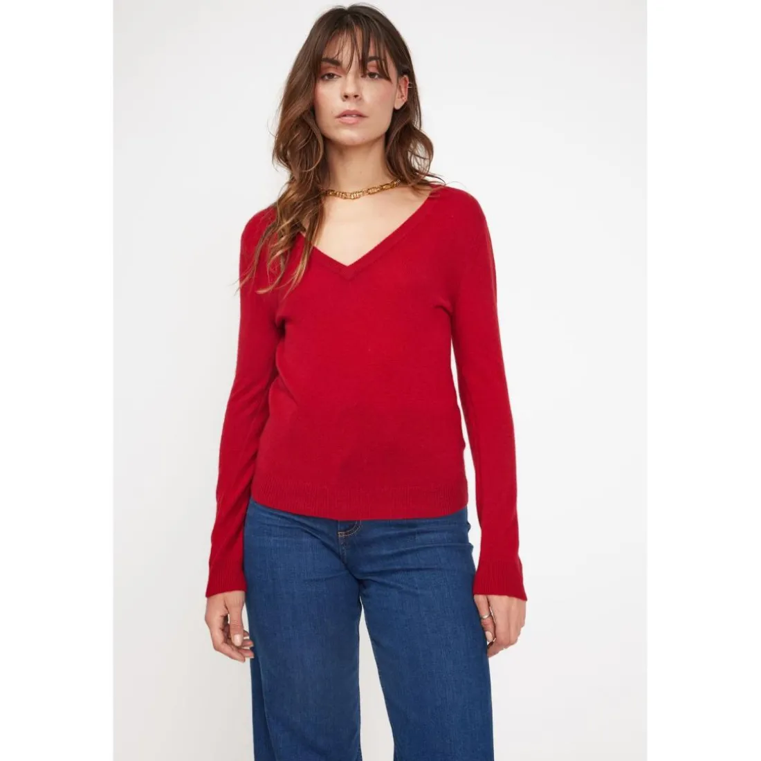 Pull femme col V ZEFINA en cachemire rouge