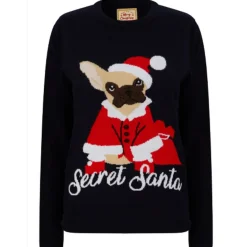 Pull femme Noël SECRET SANTA DOG bleu