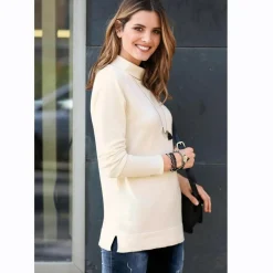 Pull fendu manches longues col montant femme - Ivoire blanc en viscose
