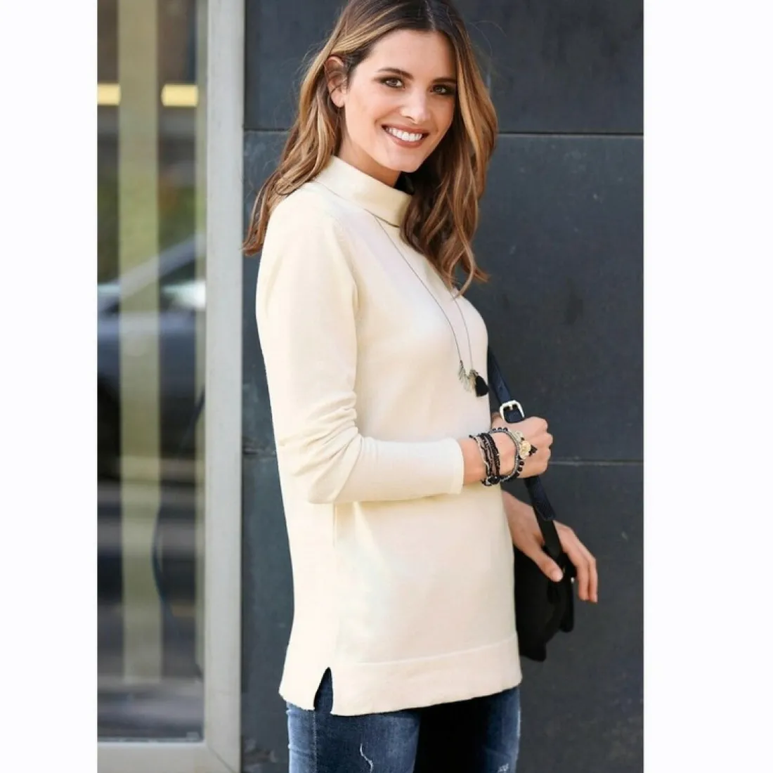 Pull fendu manches longues col montant femme - Ivoire blanc en viscose