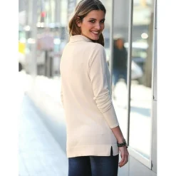 Pull fendu manches longues col montant femme - Ivoire blanc en viscose
