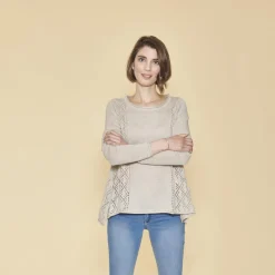 Pull fendu manches longues pièces ajourées femme - Beige