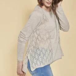 Pull fendu manches longues pièces ajourées femme - Beige