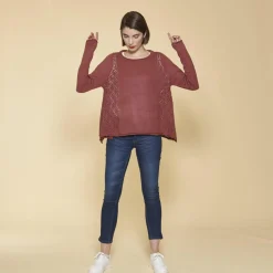 Pull fendu manches longues pièces ajourées femme - Rose Pâle