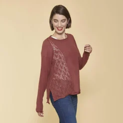 Pull fendu manches longues pièces ajourées femme - Rose Pâle