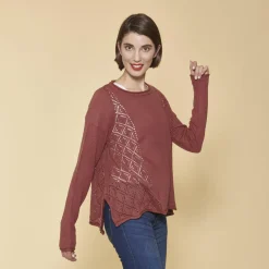 Pull fendu manches longues pièces ajourées femme - Rose Pâle