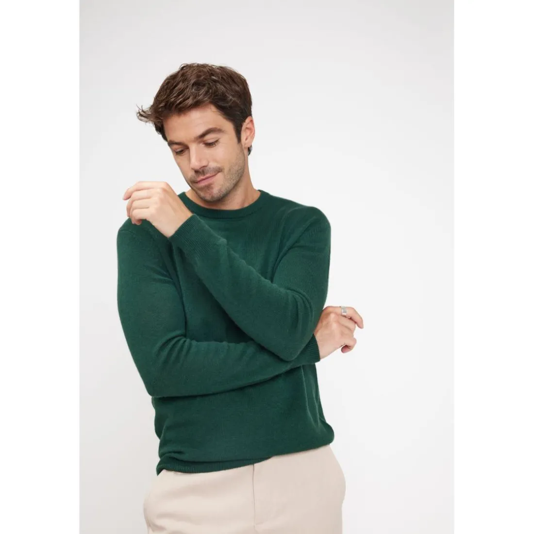 Pull homme col rond ZACH en cachemire vert sapin