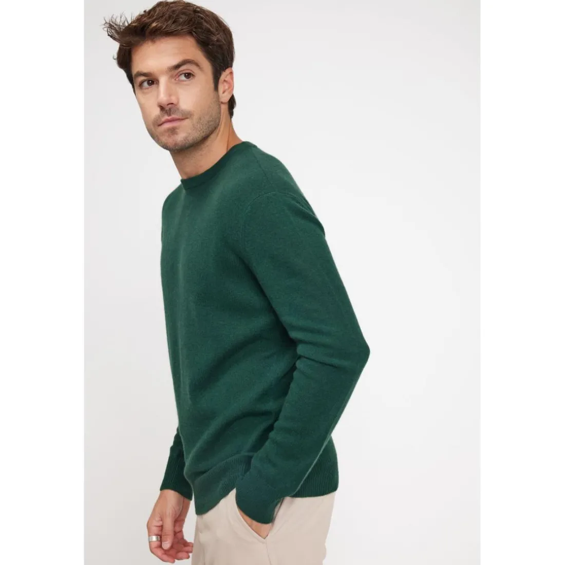 Pull homme col rond ZACH en cachemire vert sapin