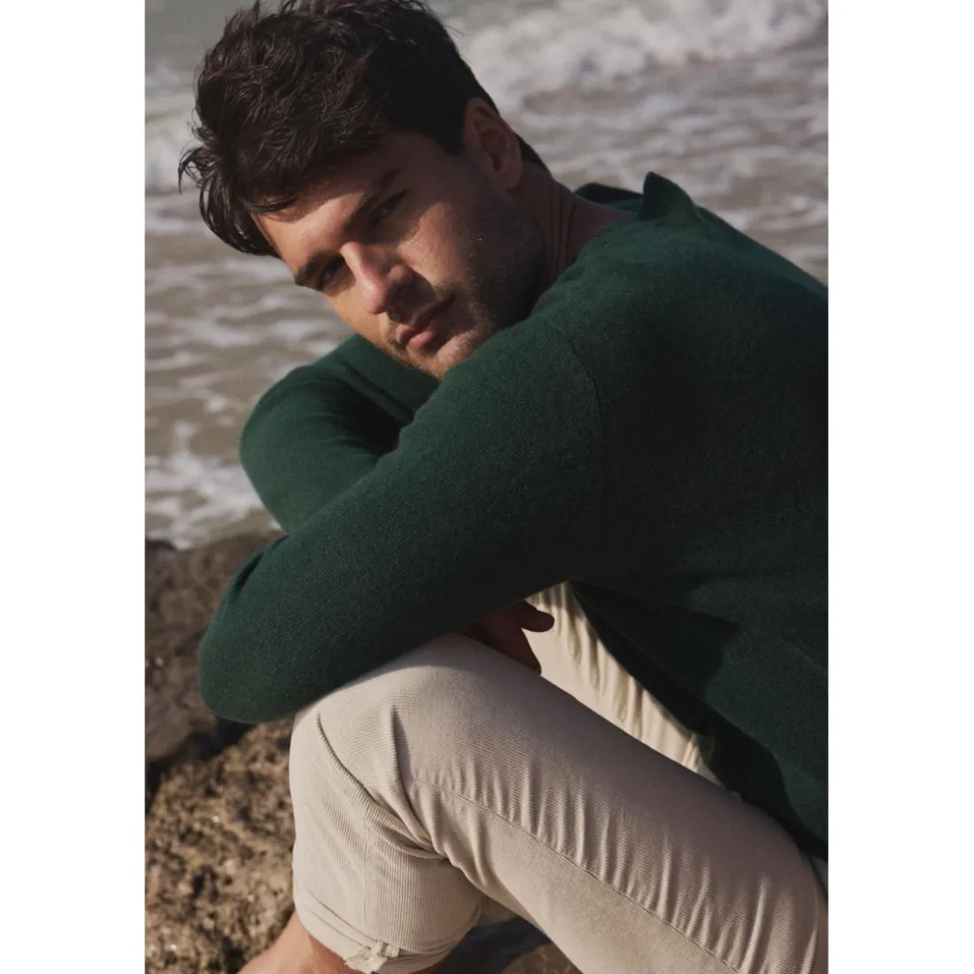 Pull homme col rond ZACH en cachemire vert sapin