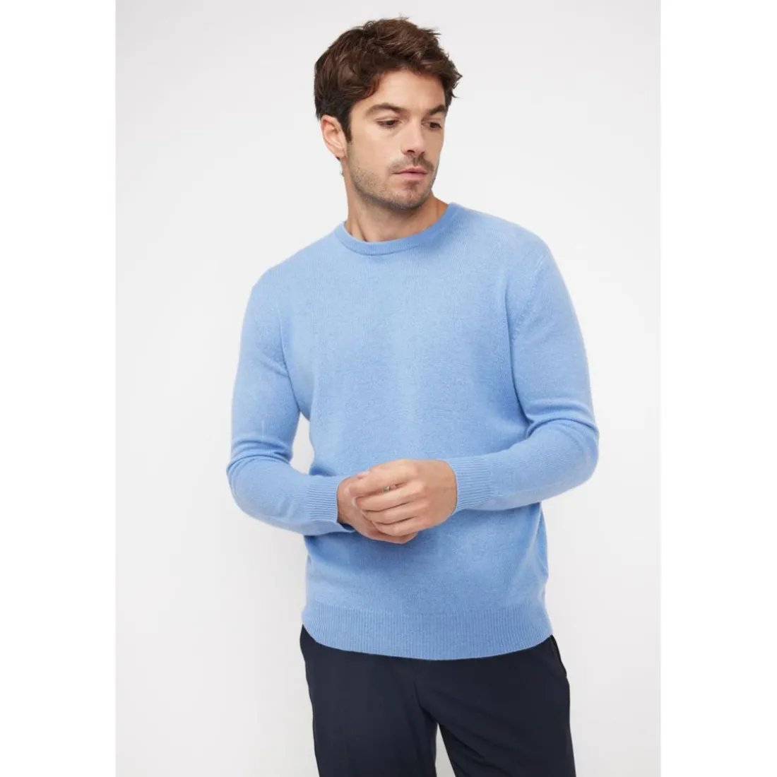 Pull homme col rond ZACH en cachemire bleu ciel