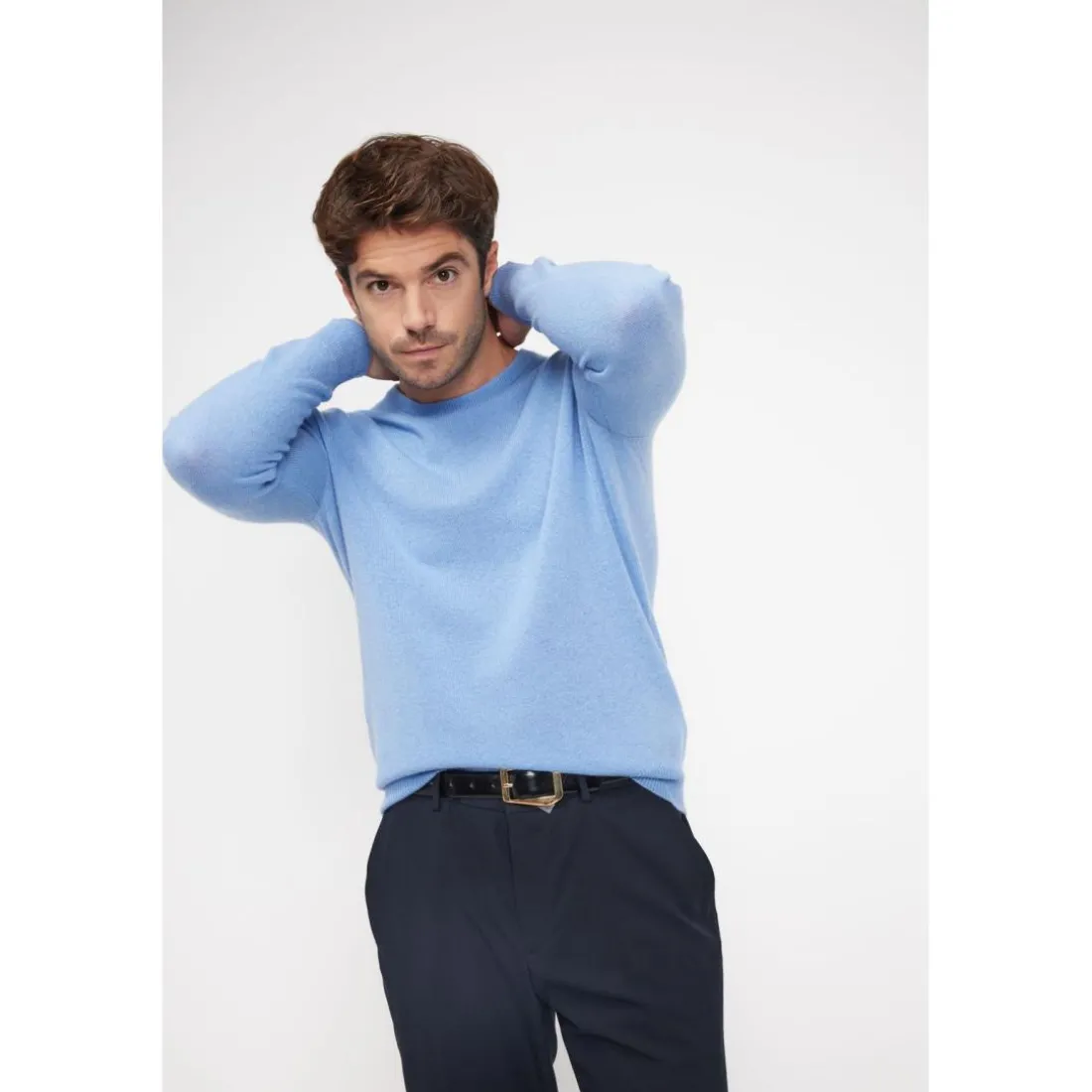 Pull homme col rond ZACH en cachemire bleu ciel