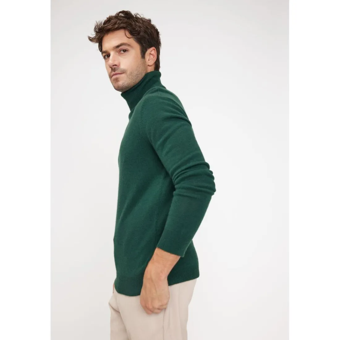 Pull homme col roule ZACHARY en cachemire vert sapin
