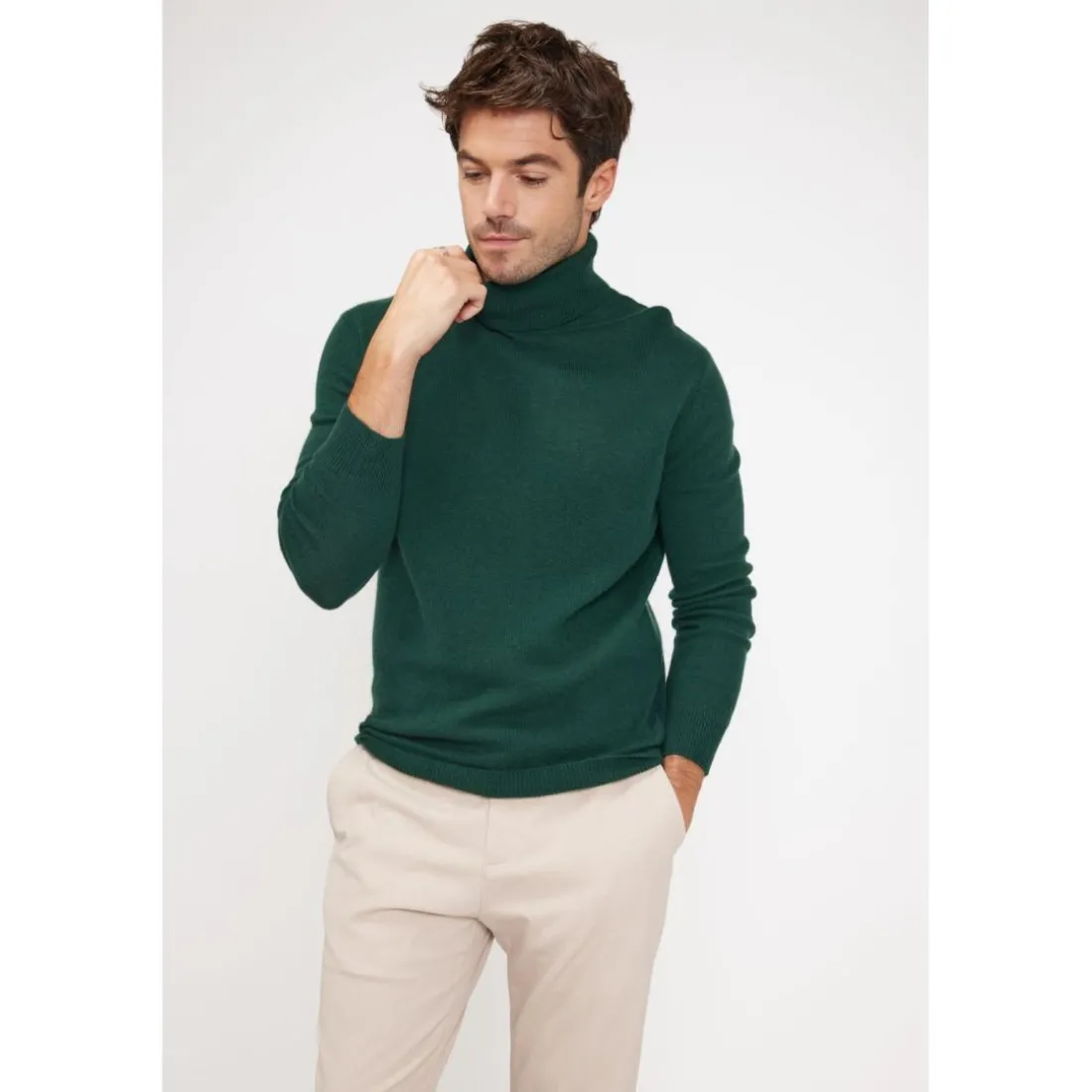 Pull homme col roule ZACHARY en cachemire vert sapin