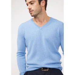 Pull homme col V ZAHER en cachemire bleu ciel