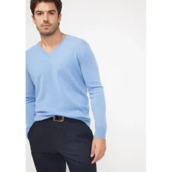 Pull homme col V ZAHER en cachemire bleu ciel